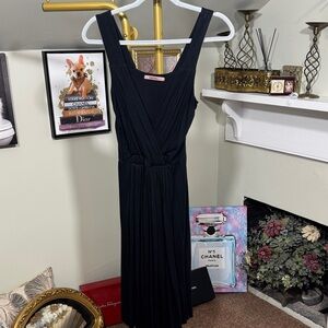 Preloved Velvet Black Sleeveless Midi Dress Ruched Bodice with Gathered Skirt